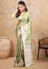 Light Olive Green Mashru Silk Saree with Blouse Piece - Adi Akshoy & co.