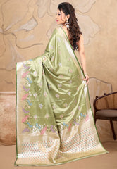 Light Olive Green Mashru Silk Saree with Blouse Piece - Adi Akshoy & co.