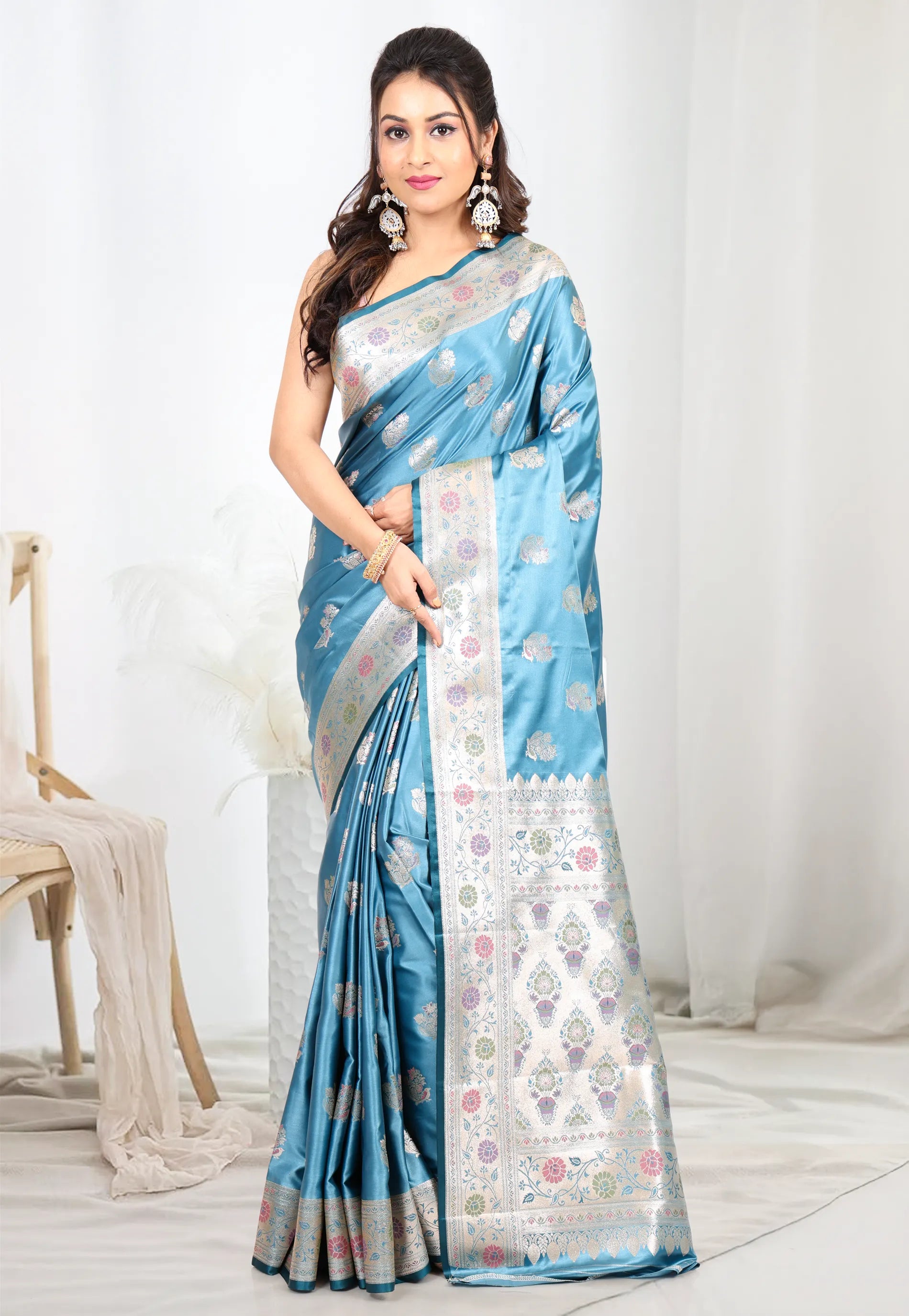 Sea Blue Mashru Silk Saree with Blouse Piece - Adi Akshoy & co.