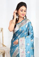 Sea Blue Mashru Silk Saree with Blouse Piece - Adi Akshoy & co.