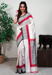 Off White base Ganga Jamuna Border (Red and Black) Ikkat Saree With Blouse Piece - Adi Akshoy & Co.