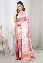 Mauve Pink Tissue Silk Saree with Blouse Piece - Adi Akshoy & co.