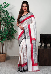 Off White base Ganga Jamuna Border (Red and Black) Ikkat Saree With Blouse Piece - Adi Akshoy & Co.