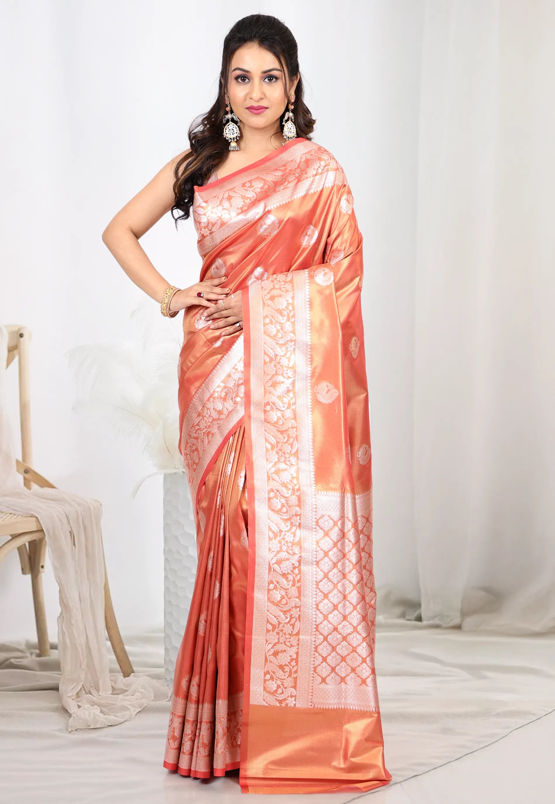 Coral Peach Tissue Silk Saree with Blouse Piece
