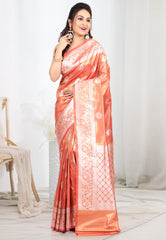 Coral Peach Tissue Silk Saree with Blouse Piece