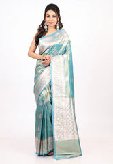 Feroza Blue Tissue Silk Saree with Blouse Piece - Adi Akshoy & co.
