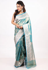 Feroza Blue Tissue Silk Saree with Blouse Piece - Adi Akshoy & co.