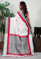 Off White base Ganga Jamuna Border (Red and Black) Ikkat Saree With Blouse Piece - Adi Akshoy & Co.