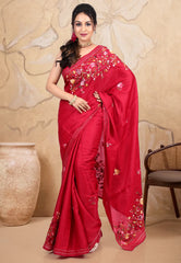 Red Kantha Saree With Blouse Piece - Adi Akshoy & co.