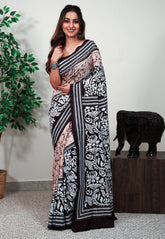 Peach batik with Black Border Pure Silk Kantha Saree With Blouse Piece - Adi Akshoy & Co.