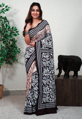 Peach batik with Black Border Pure Silk Kantha Saree With Blouse Piece - Adi Akshoy & Co.