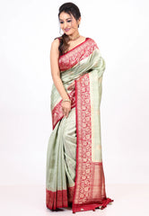 Sage Green Pure Tussar Silk Saree with Blouse Piece - Adi Akshoy & co.