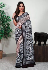 Peach batik with Black Border Pure Silk Kantha Saree With Blouse Piece - Adi Akshoy & Co.
