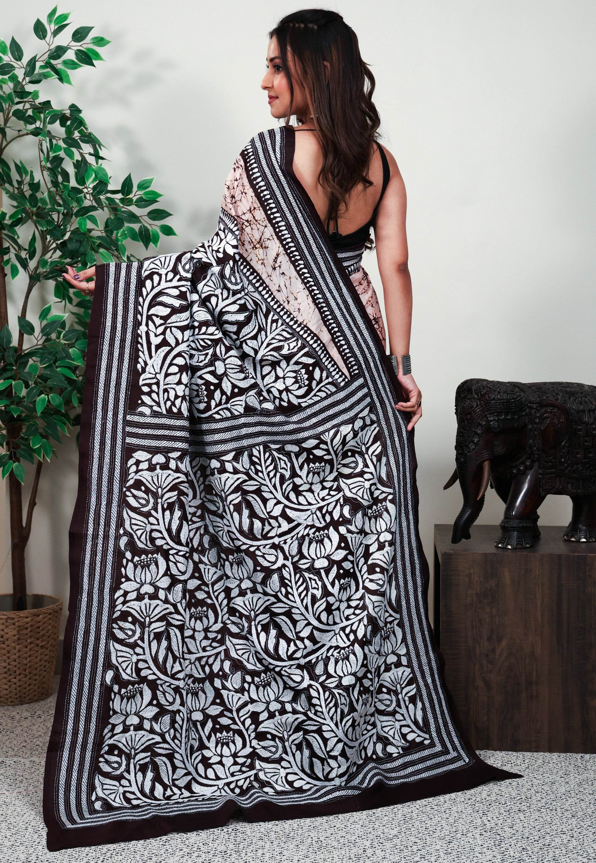 Peach batik with Black Border Pure Silk Kantha Saree With Blouse Piece - Adi Akshoy & Co.