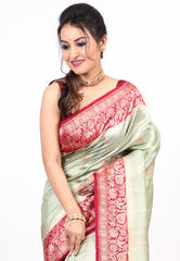 Sage Green Pure Tussar Silk Saree with Blouse Piece - Adi Akshoy & co.