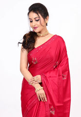 Red Kantha Silk Saree With Blouse Piece - Adi Akshoy & co.