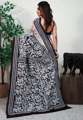 Peach batik with Black Border Pure Silk Kantha Saree With Blouse Piece - Adi Akshoy & Co.