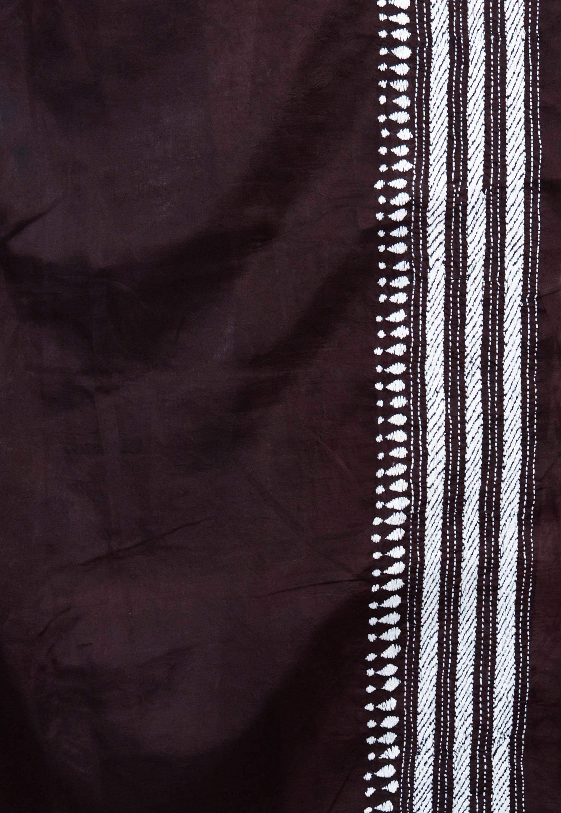 Peach batik with Black Border Pure Silk Kantha Saree With Blouse Piece - Adi Akshoy & Co.