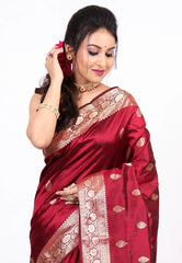Maroon Pure Katan Silk Saree with Blouse Piece - Adi Akshoy & co.