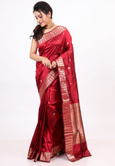 Maroon Pure Katan Silk Saree with Blouse Piece - Adi Akshoy & co.