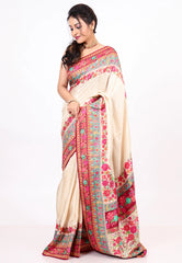 Beige Cream colour Kani Silk Saree with Blouse Piece - Adi Akshoy & co.