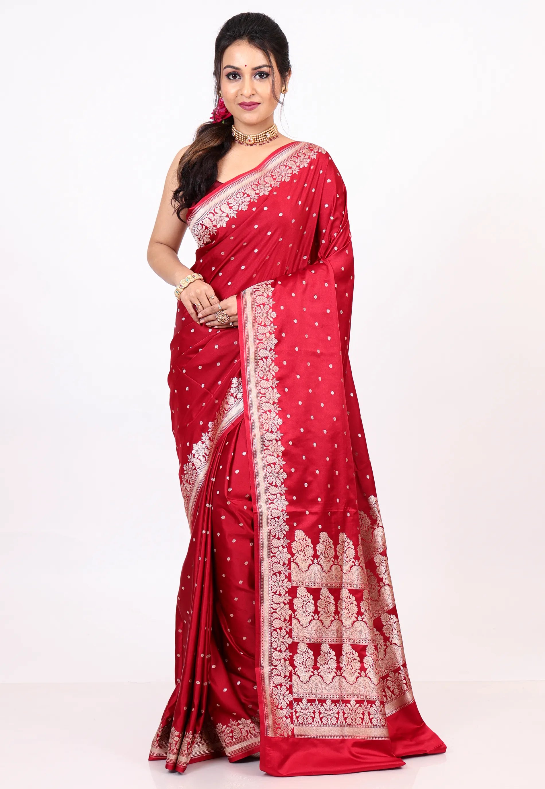 Red Mashru Silk Saree with Blouse Piece - Adi Akshoy & co.