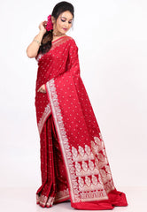 Red Mashru Silk Saree with Blouse Piece - Adi Akshoy & co.