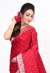 Red Mashru Silk Saree with Blouse Piece - Adi Akshoy & co.
