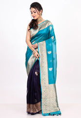 Feroza Blue Pure Kora Silk Saree with Blouse Piece - Adi Akshoy & co.