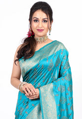 Feroza Blue Katan Silk Saree with Blouse Piece - Adi Akshoy & co.