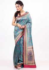 Feroza Blue Kani Silk Saree with Blouse Piece - Adi Akshoy & co.