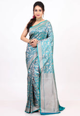 Feroza Blue Shikargah Katan Silk Saree With Blouse Piece - Adi Akshoy & co.