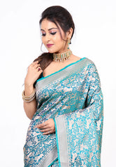 Feroza Blue Shikargah Katan Silk Saree With Blouse Piece - Adi Akshoy & co.