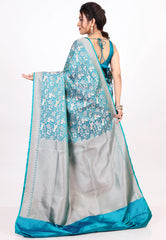 Feroza Blue Shikargah Katan Silk Saree With Blouse Piece - Adi Akshoy & co.