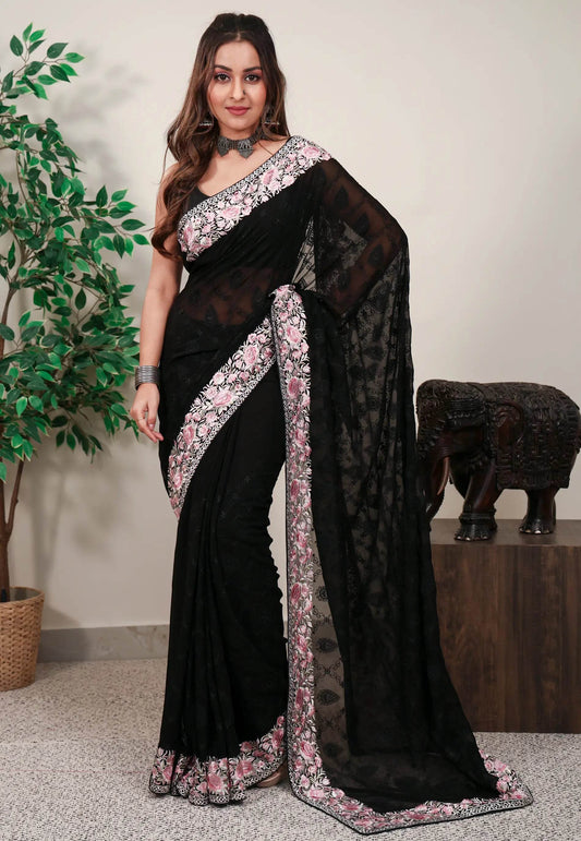 Black Gergette with Resham Embroidery work Saree with Blouse Piece - Adi Akshoy & Co.