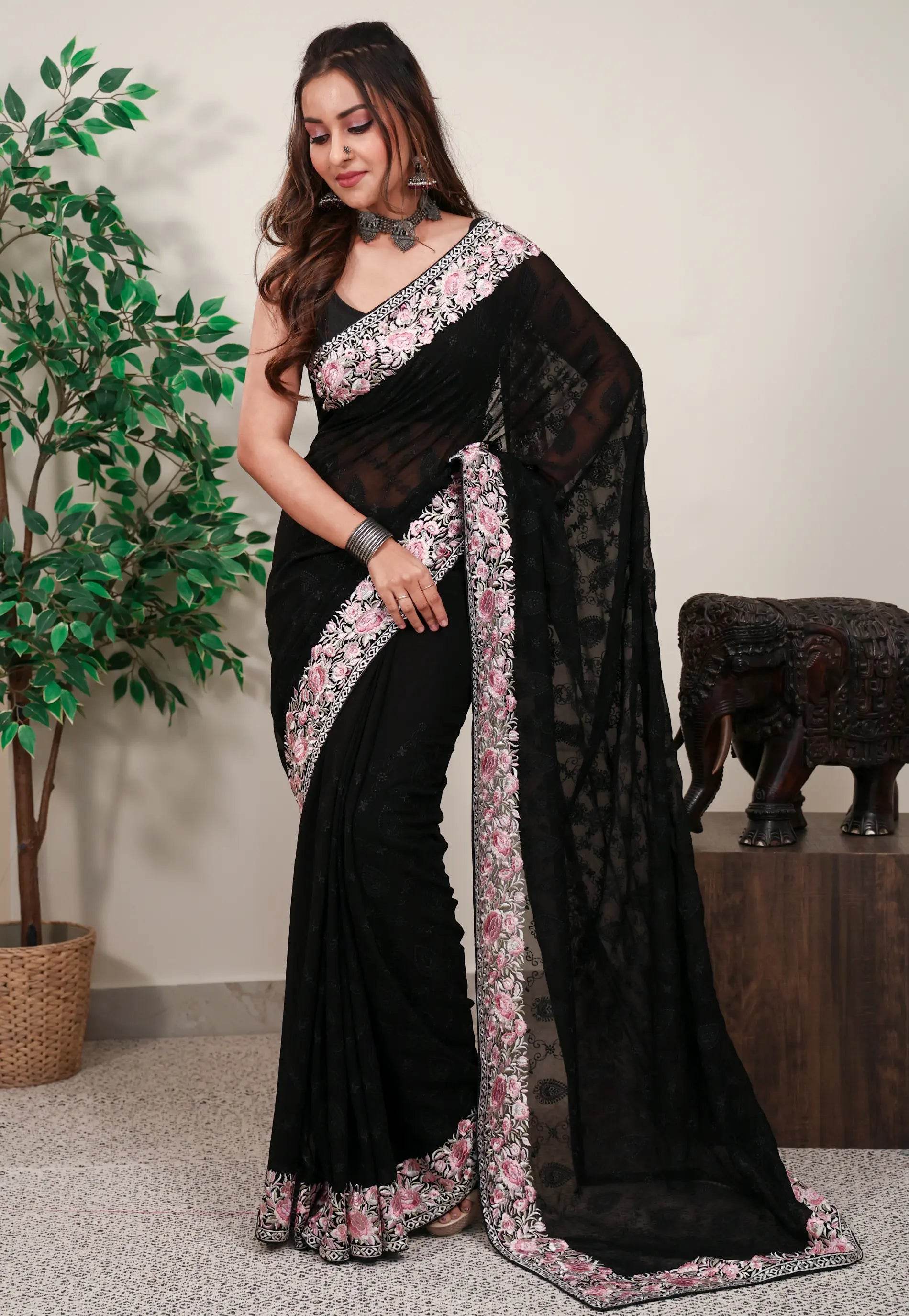 Black Gergette with Resham Embroidery work Saree with Blouse Piece - Adi Akshoy & Co.