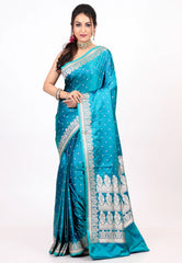 Feroza Blue Mashru Silk Saree with Blouse Piece - Adi Akshoy & co.