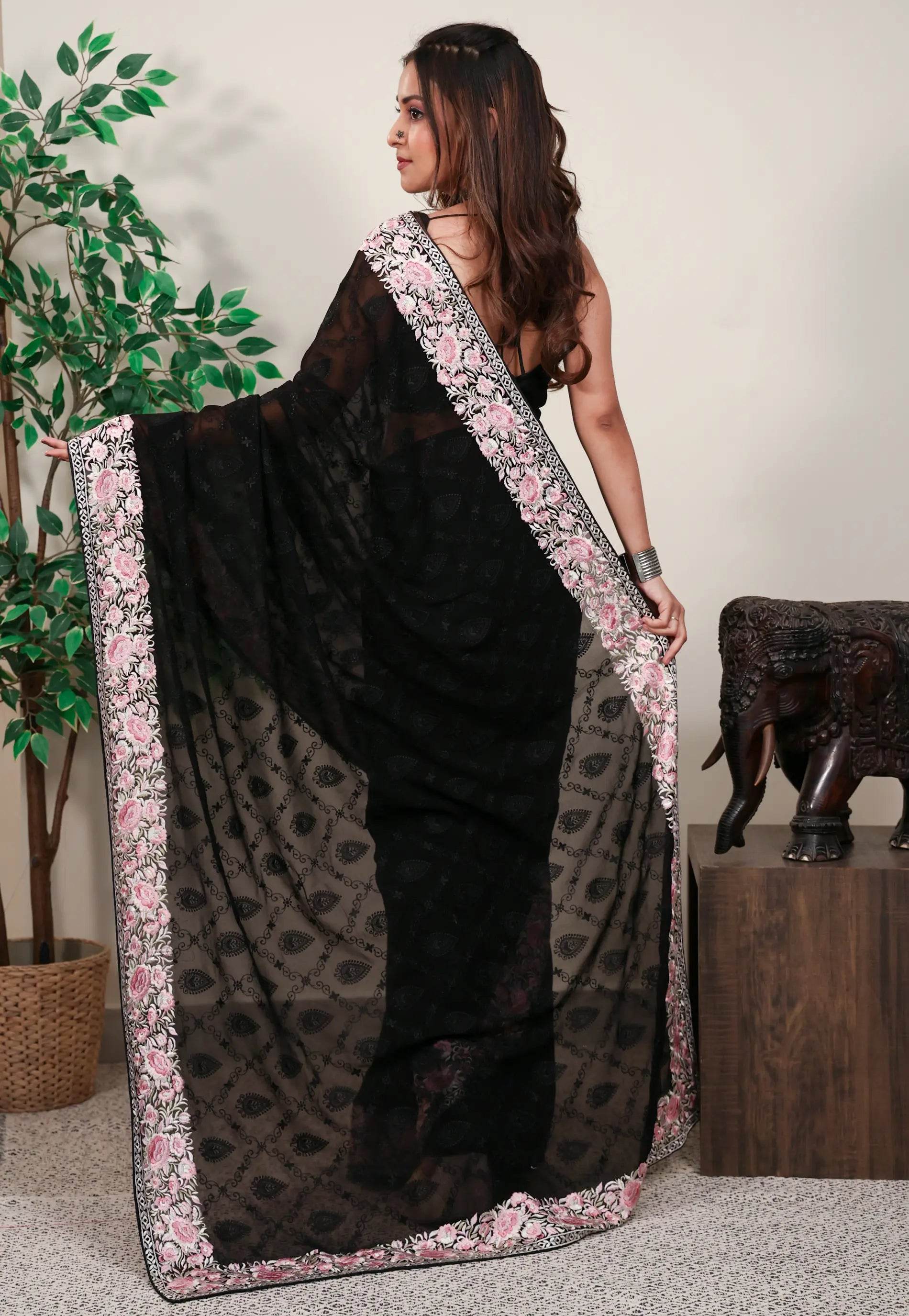 Black Gergette with Resham Embroidery work Saree with Blouse Piece - Adi Akshoy & Co.