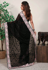 Black Gergette with Resham Embroidery work Saree with Blouse Piece - Adi Akshoy & Co.
