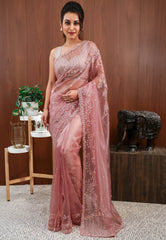 Peach Tissue with Hand Embroidery work Saree with Blouse Piece - Adi Akshoy & Co.