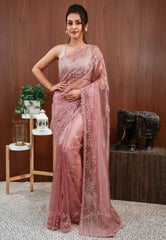 Peach Tissue with Hand Embroidery work Saree with Blouse Piece - Adi Akshoy & Co.
