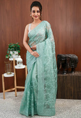 Sea Green Organza with Resham Embroidery work Saree with Blouse Piece - Adi Akshoy & Co.
