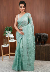Sea Green Organza with Resham Embroidery work Saree with Blouse Piece - Adi Akshoy & Co.
