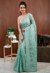 Sea Green Organza with Resham Embroidery work Saree with Blouse Piece - Adi Akshoy & Co.