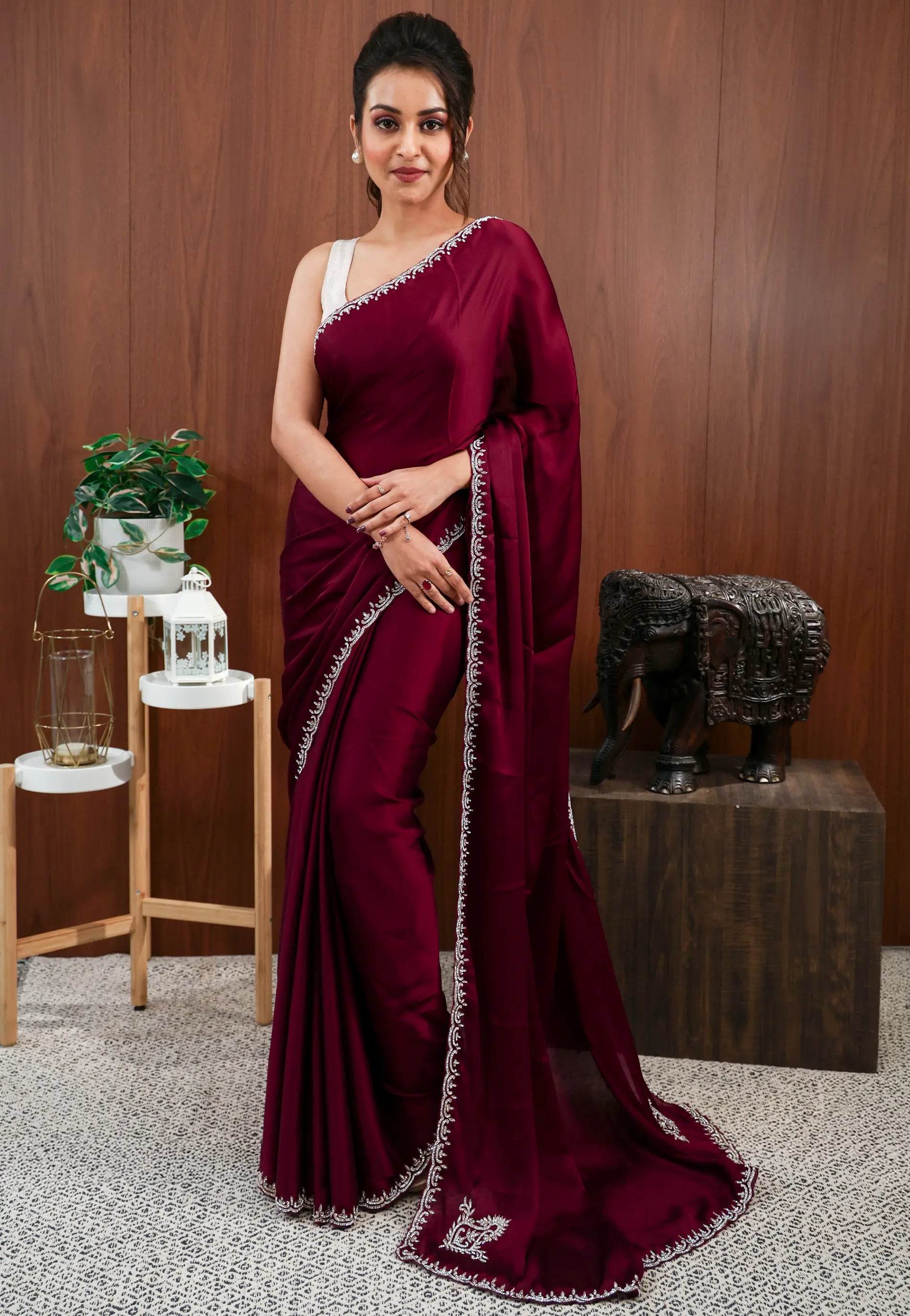 Magenta with Sequin Embroidery work Saree with Blouse Piece - Adi Akshoy & Co.