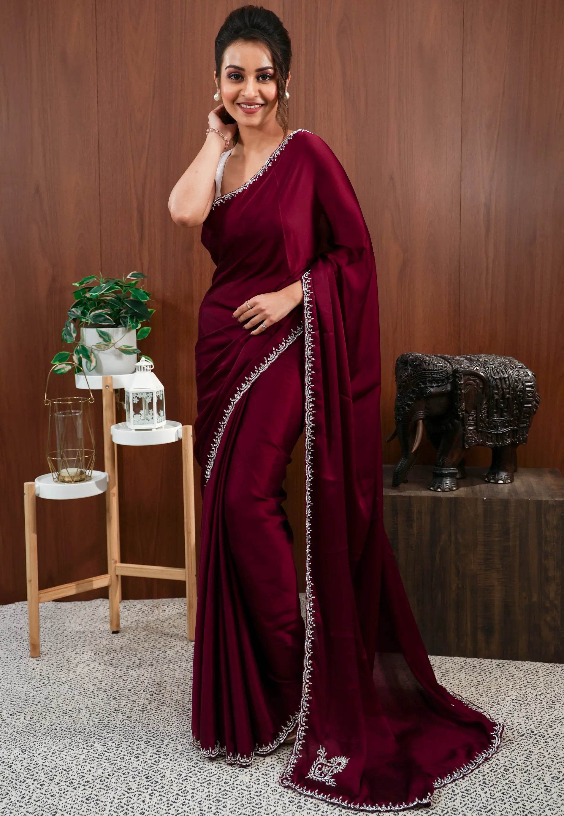 Magenta with Sequin Embroidery work Saree with Blouse Piece - Adi Akshoy & Co.