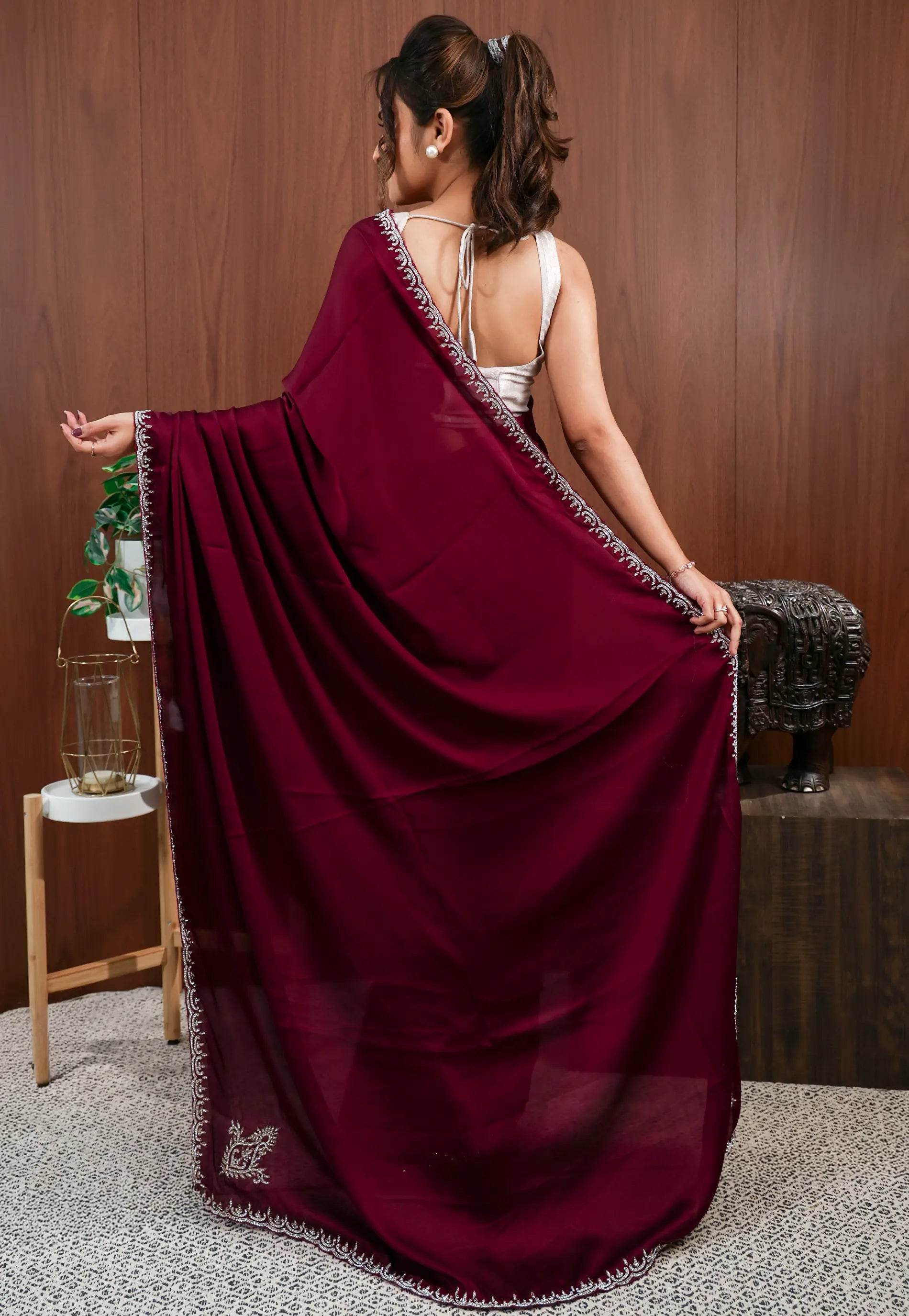 Magenta with Sequin Embroidery work Saree with Blouse Piece - Adi Akshoy & Co.