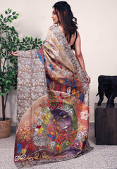 Beige Tussar Pure Silk Kantha Saree With Blouse Piece - Adi Akshoy & Co.