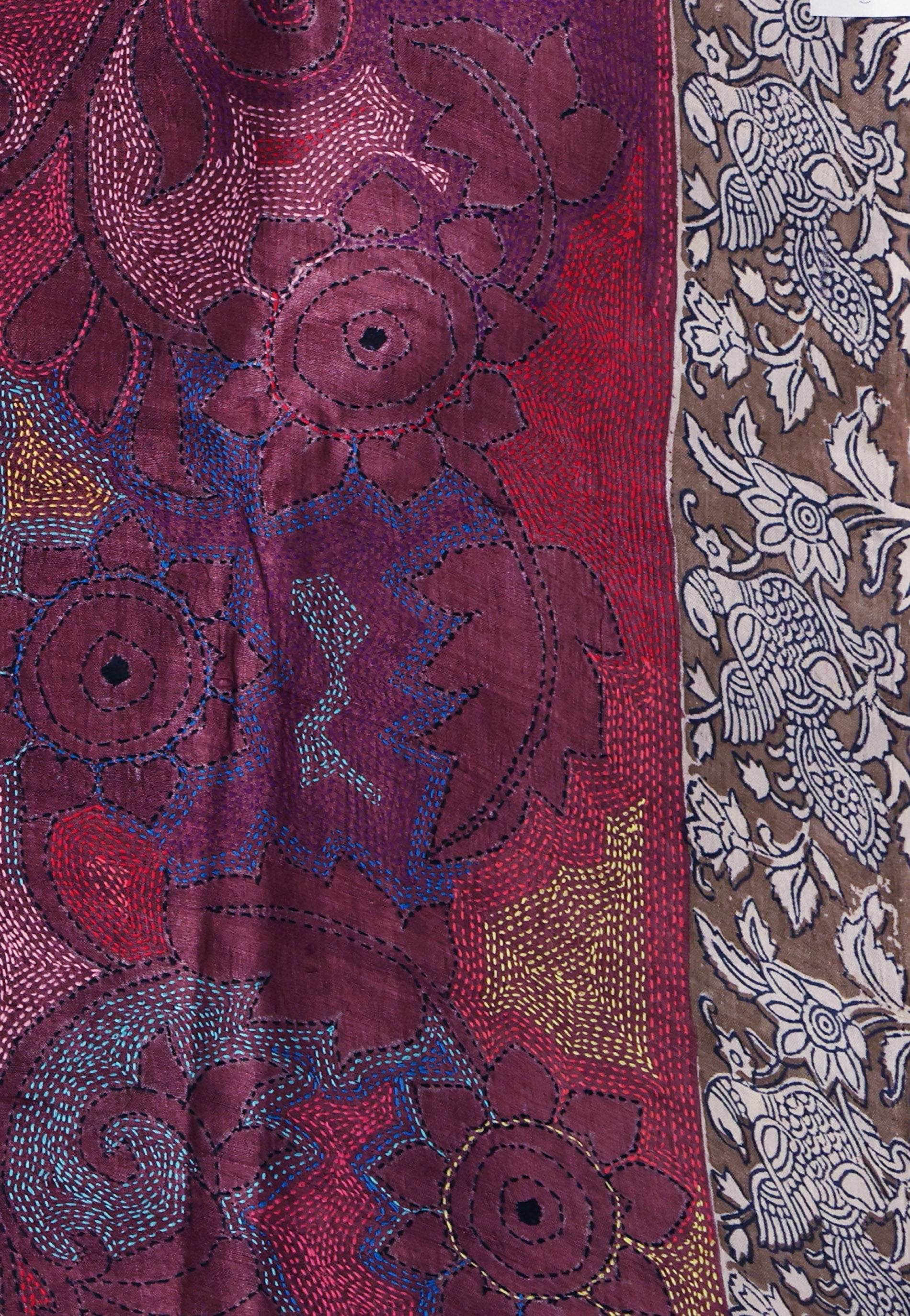 Beige Tussar Pure Silk Kantha Saree With Blouse Piece - Adi Akshoy & Co.