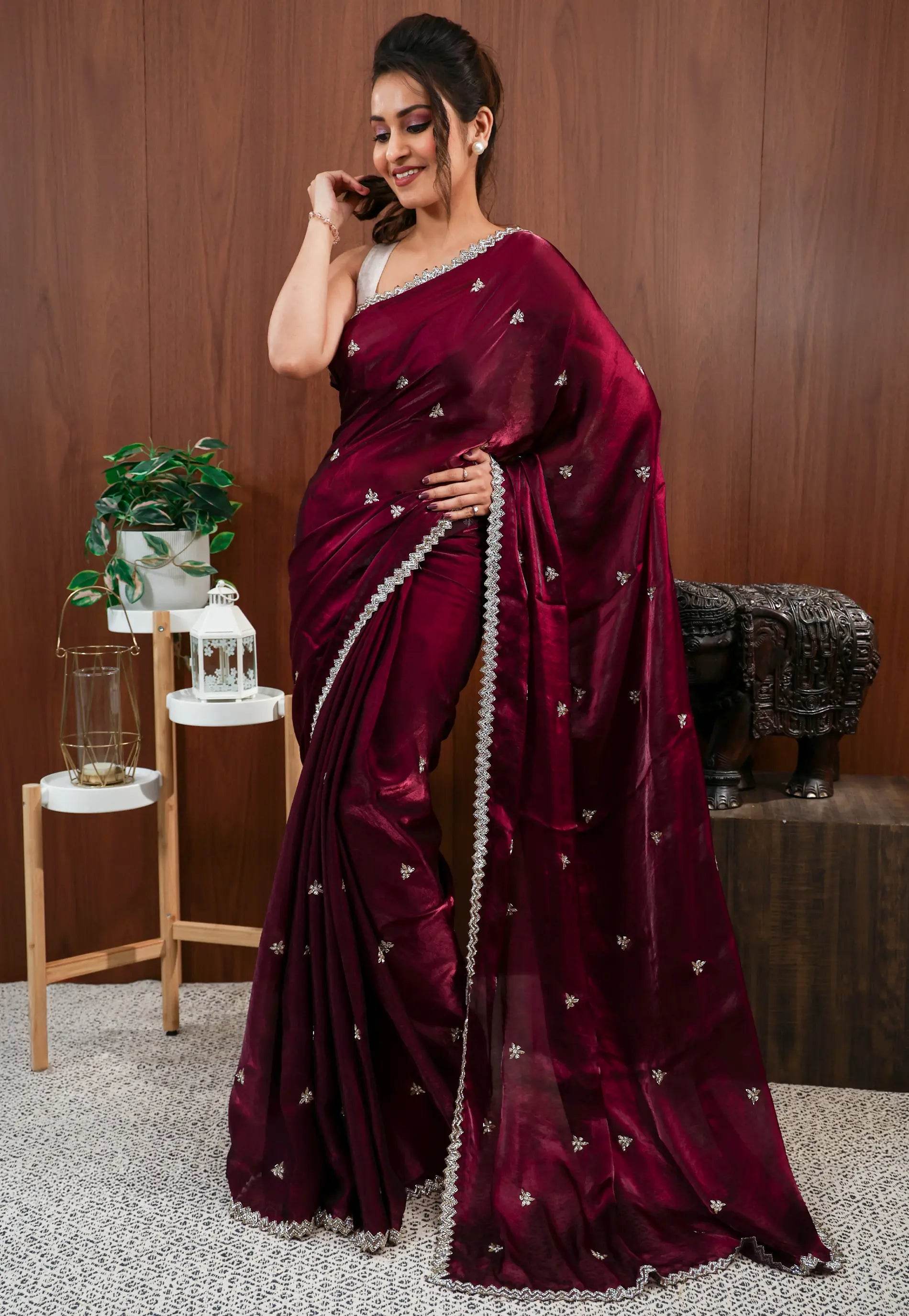 Magenta with sequin Embroidery work Saree with Blouse Piece - Adi Akshoy & Co.